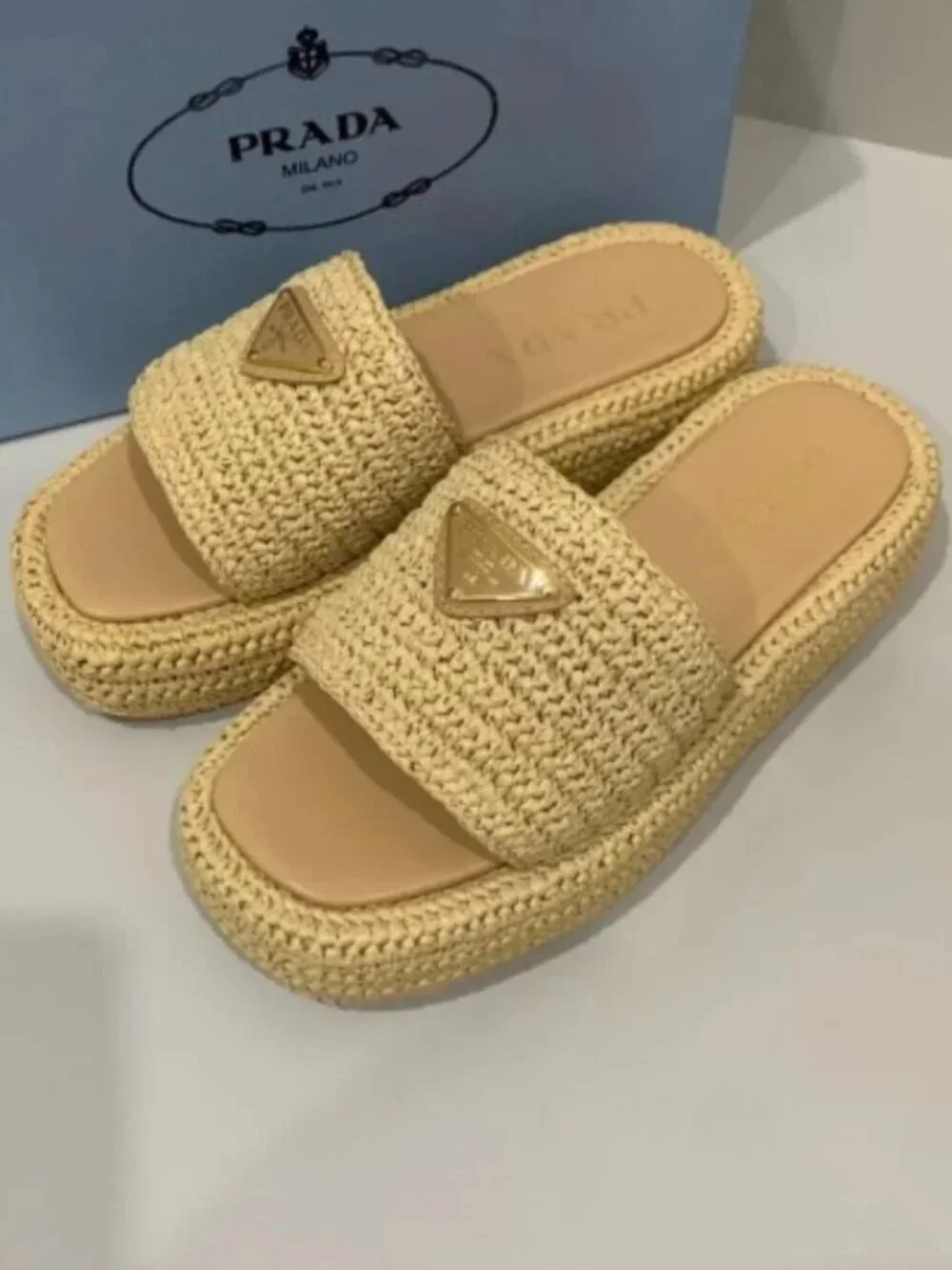 Prada Beige Woven Raffia Slide Sandals